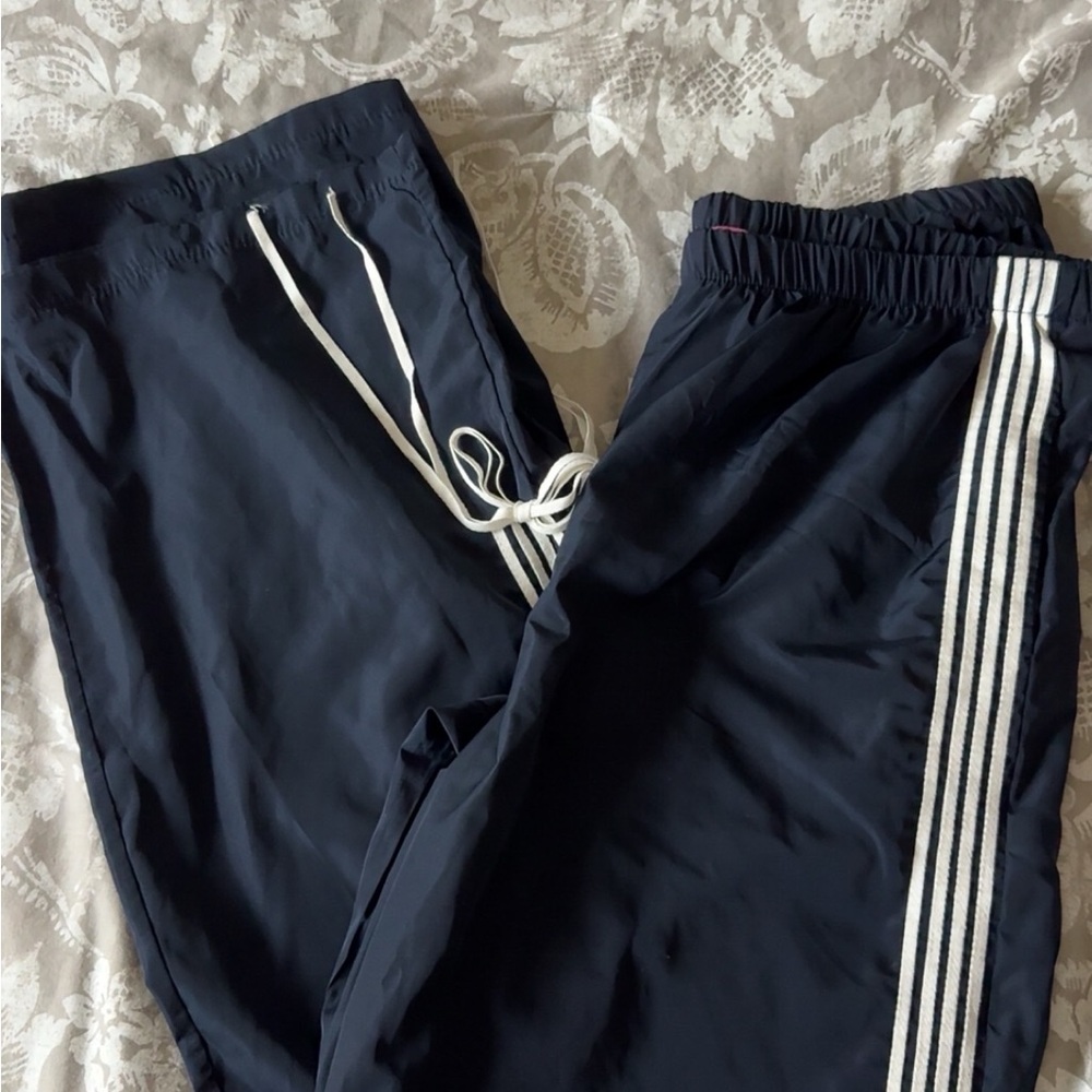 Edikted Navy Blue Track Pants with White Stripes